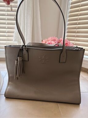 Tory Burch Grey Pebbled Leather Tote with Tassel